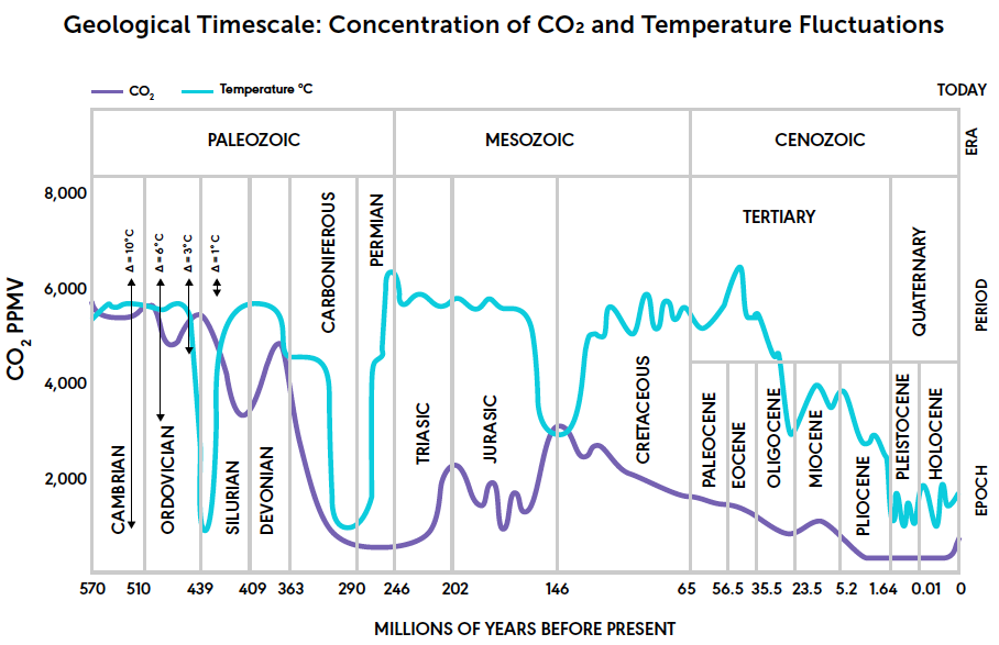 temps and CO2 on a geological timescale