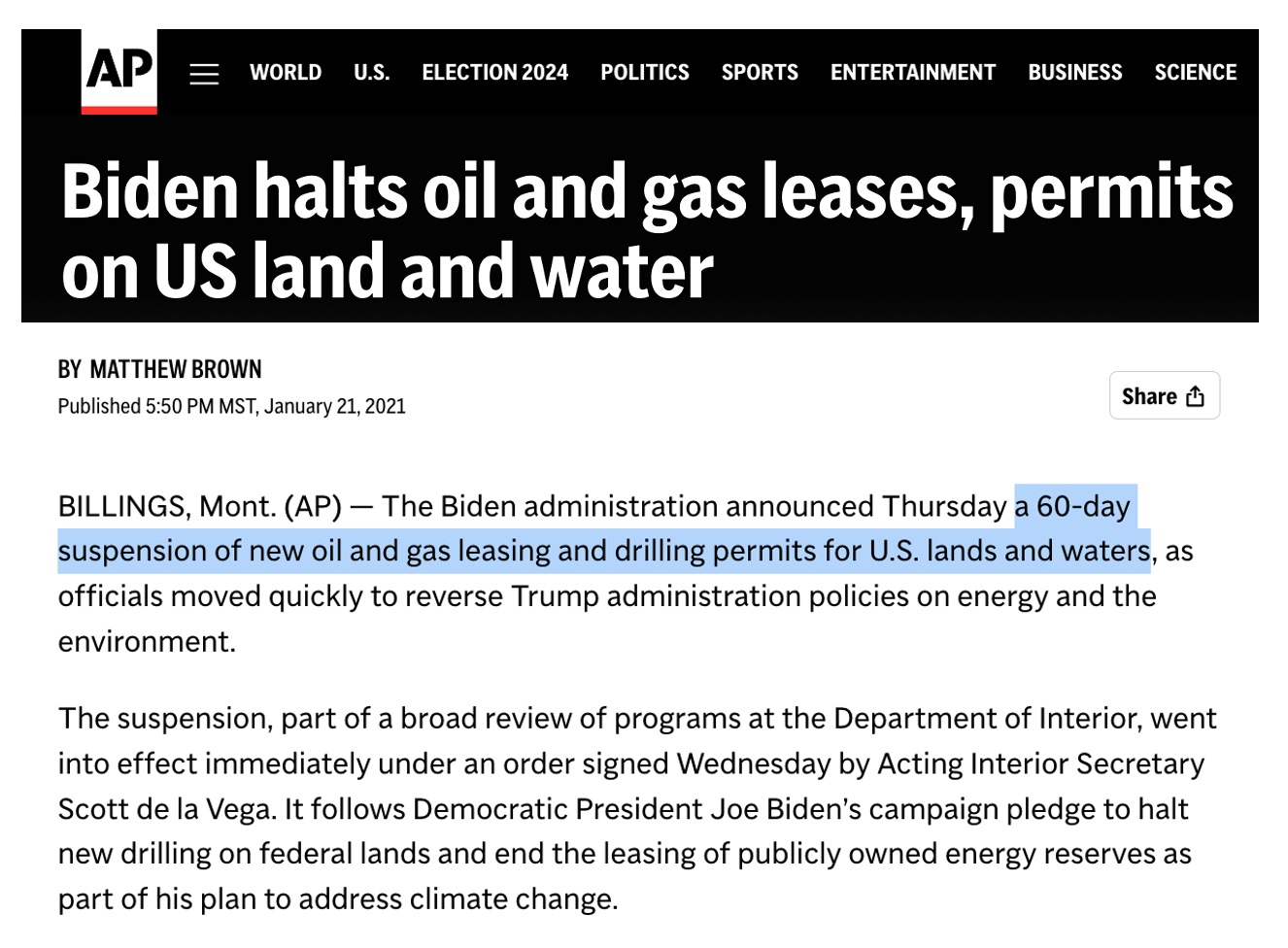 Biden Halts Oil and Gas Leases