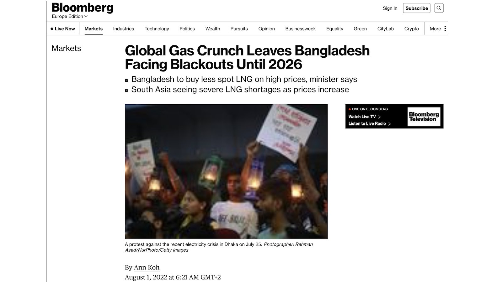 Bangladesh crisis headlines Bloomberg