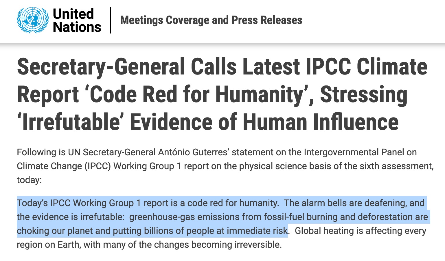 UN – Climate change code red