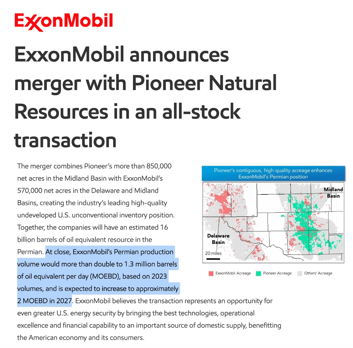 ExxonMobil Merger with Pioneer