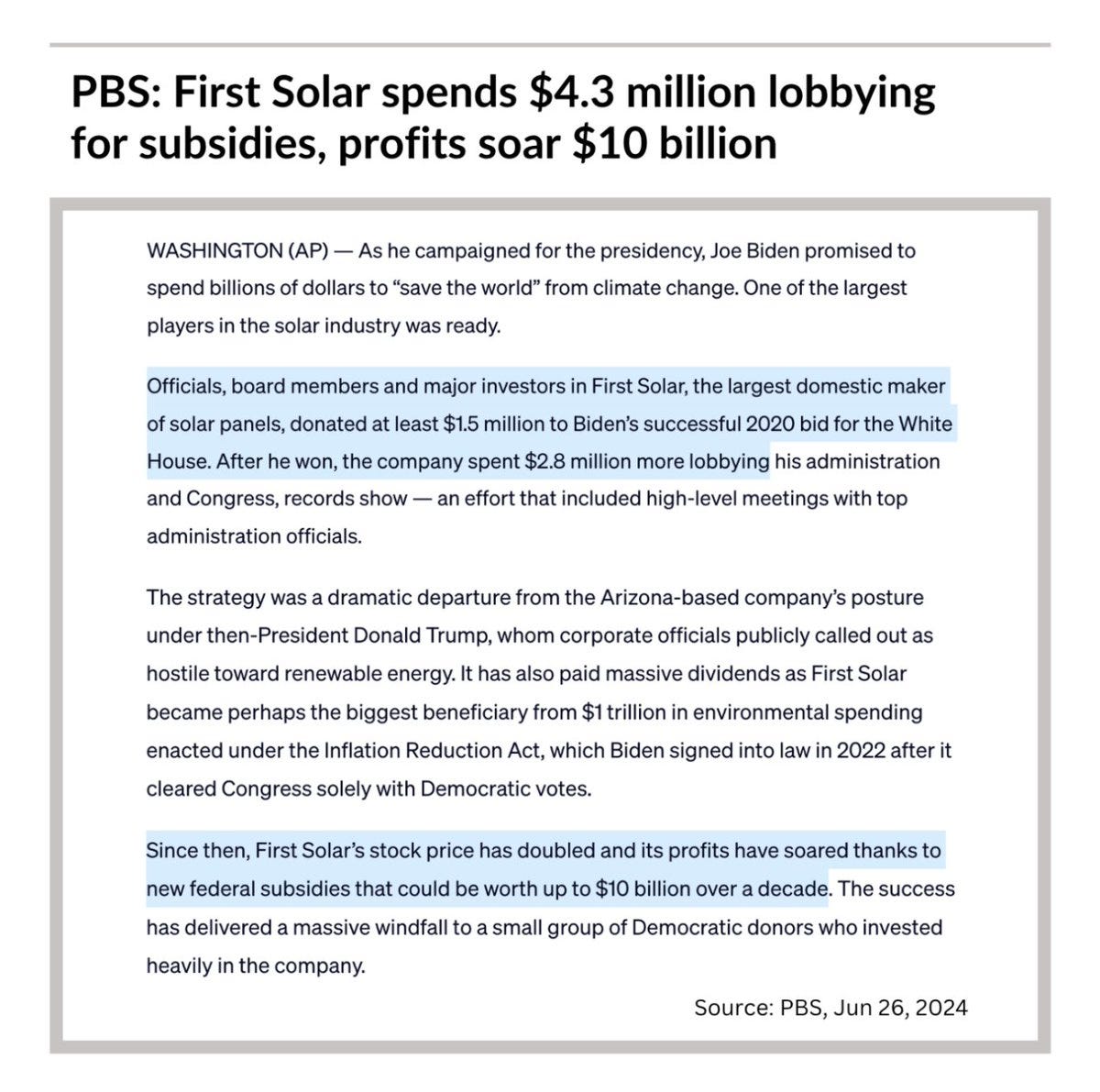 PBS: First Solar spends $4.3 million lobbying for subsidies, profits soar $10 billion