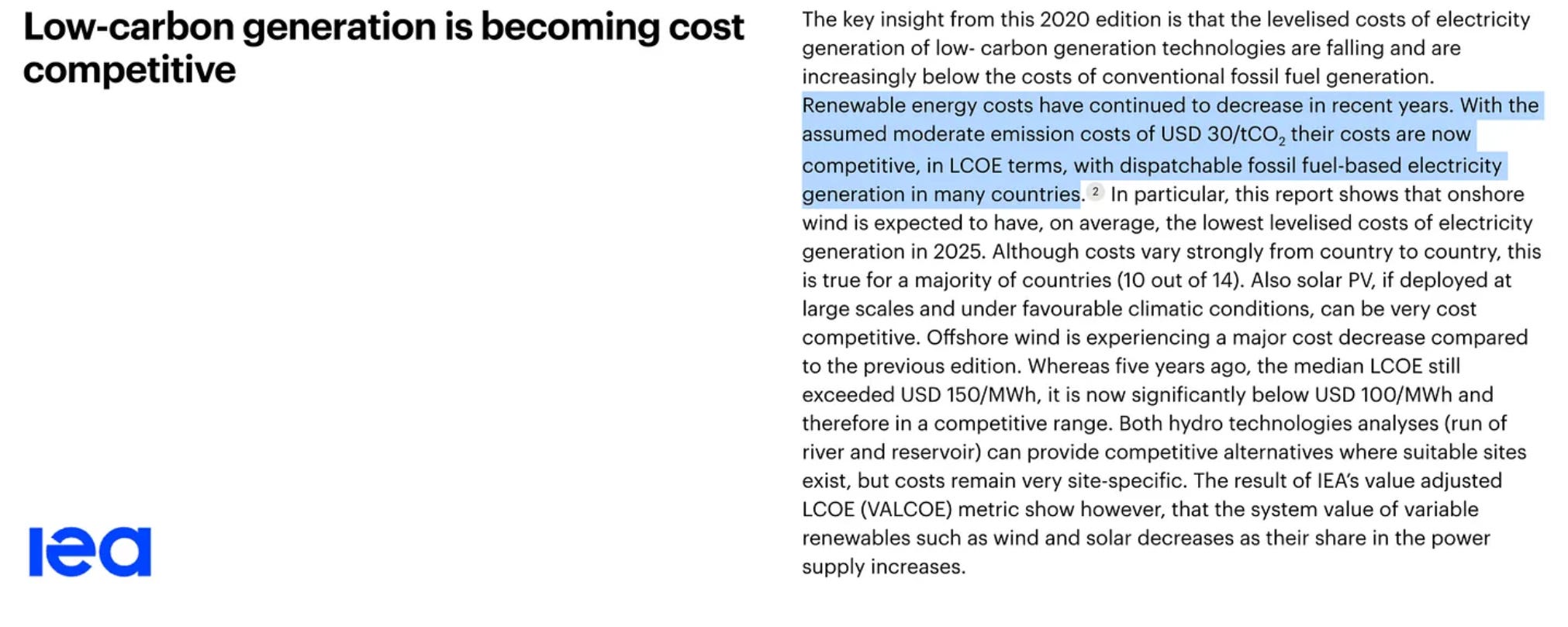 IEA – low-carbon generation is becoming cost competitive