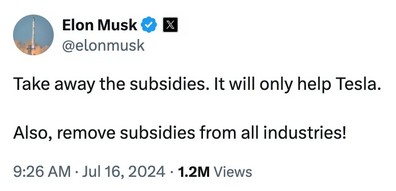 Musk on X – Take away the subsidies