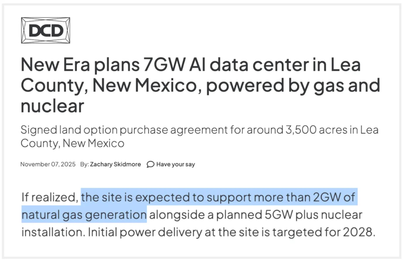 New Era plans 7GW AI data center in Lea Country, New Mexico, powered by gas and nuclear