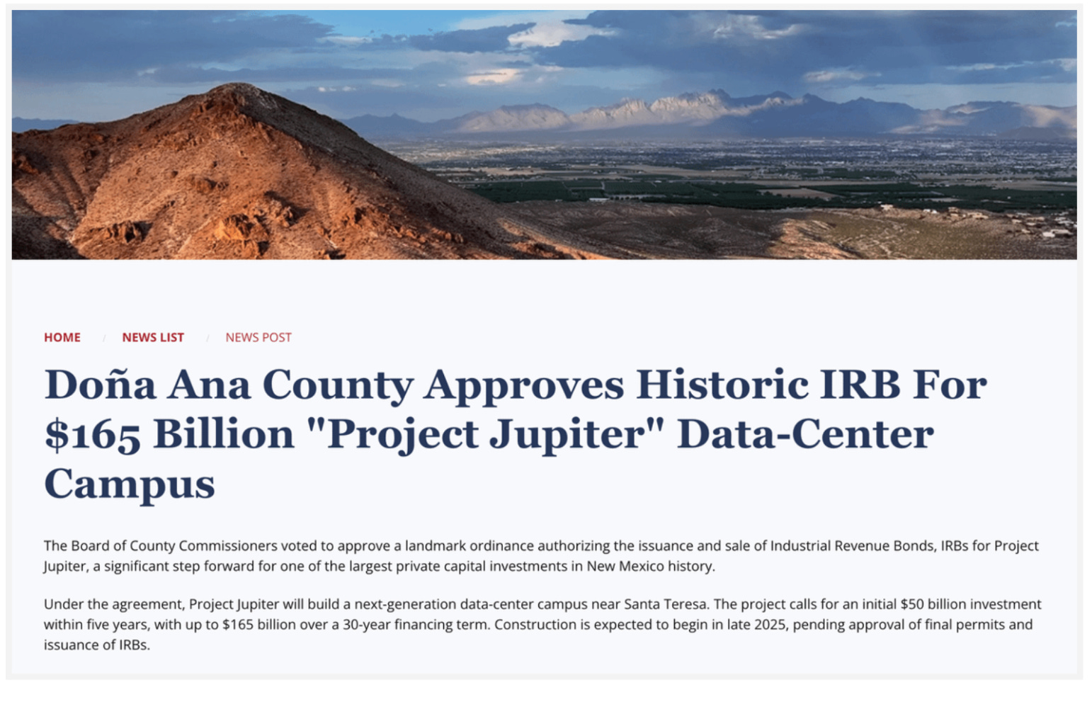 Dona Ana County Approves Historic IRB For $165 Billion “Project Jupiter” Data-Center Campus
