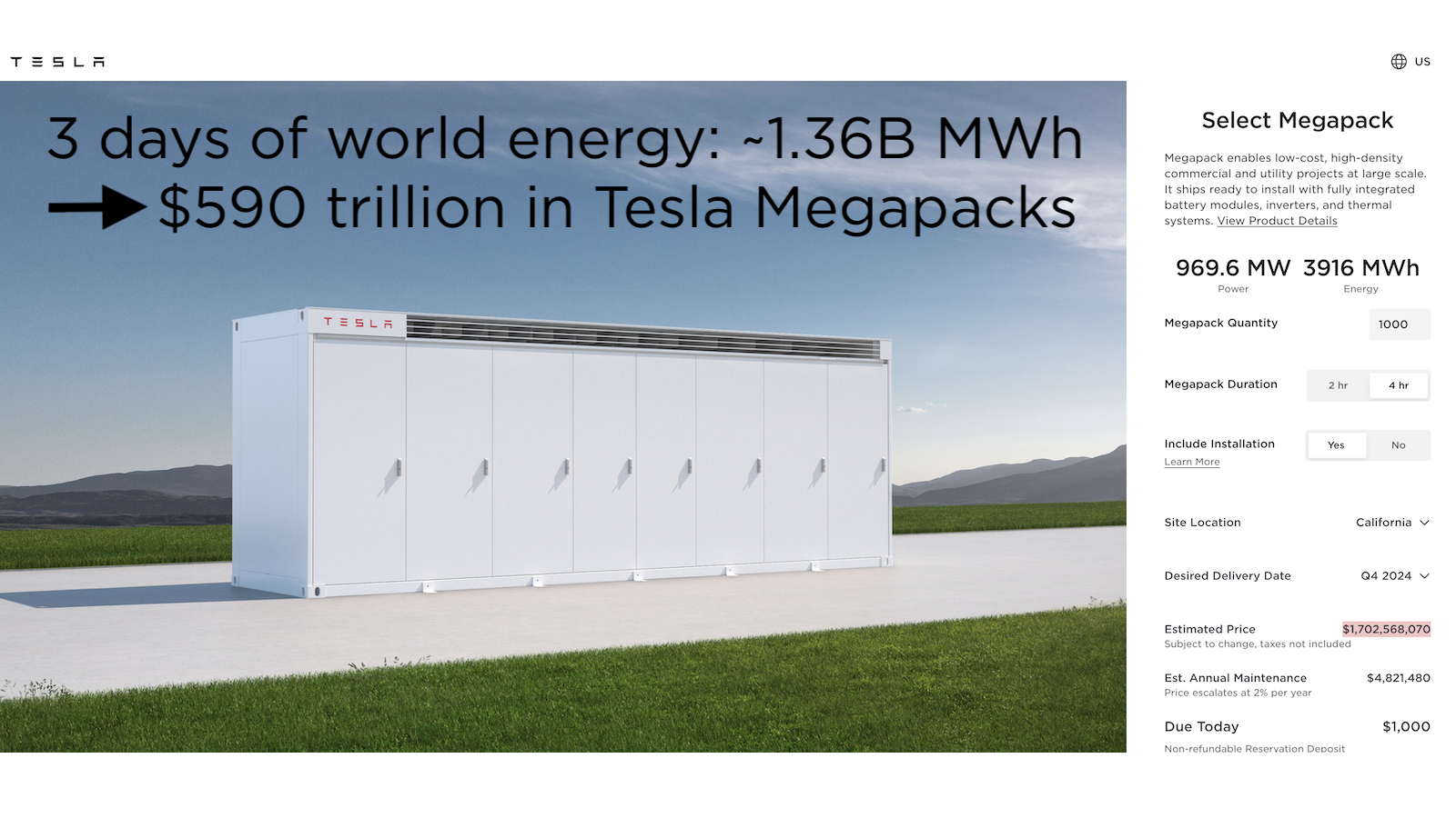 Megapack prices for world energy backup
