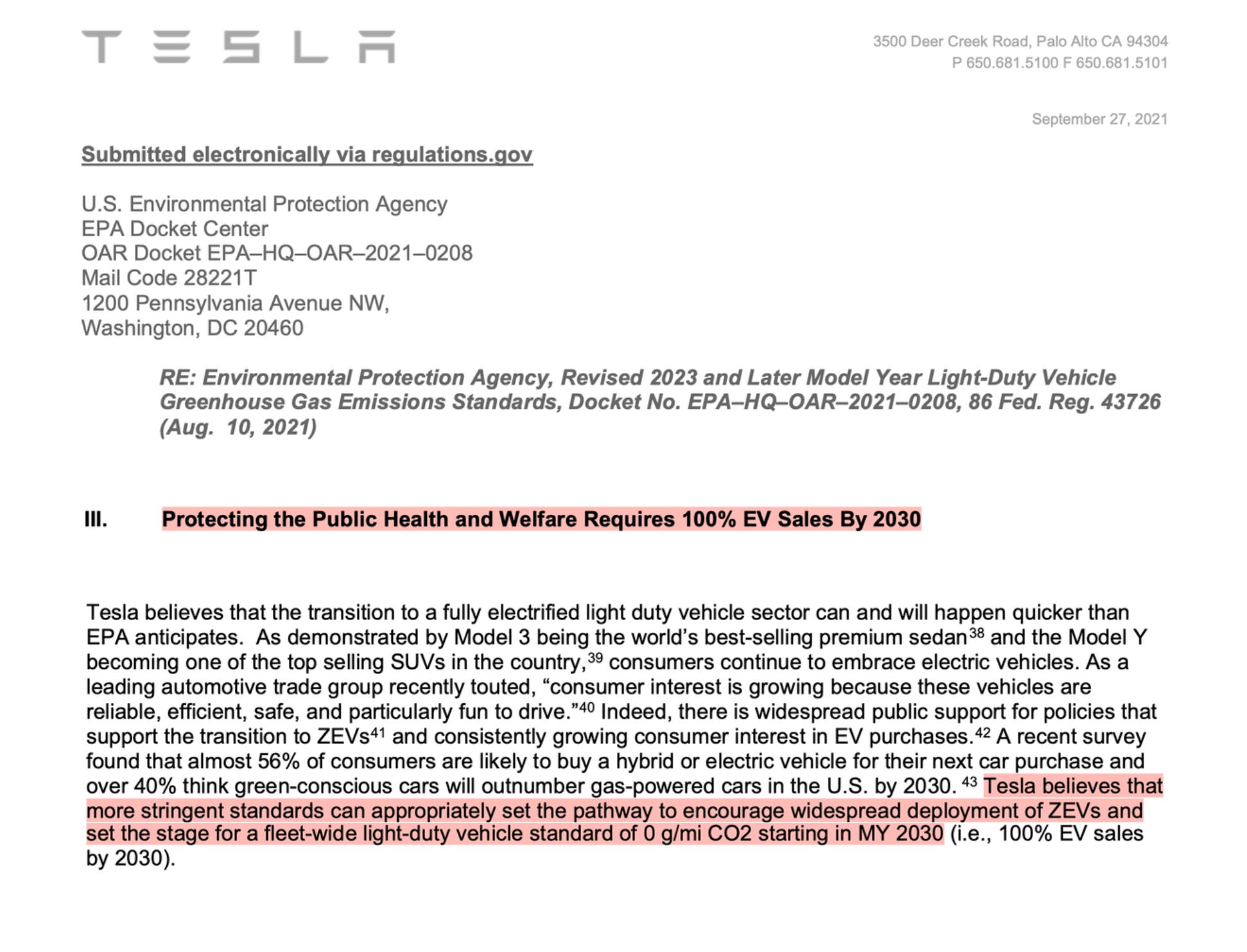 Tesla – Protecting the Public Health and Welfare Requires 100% EV Sales by 2030