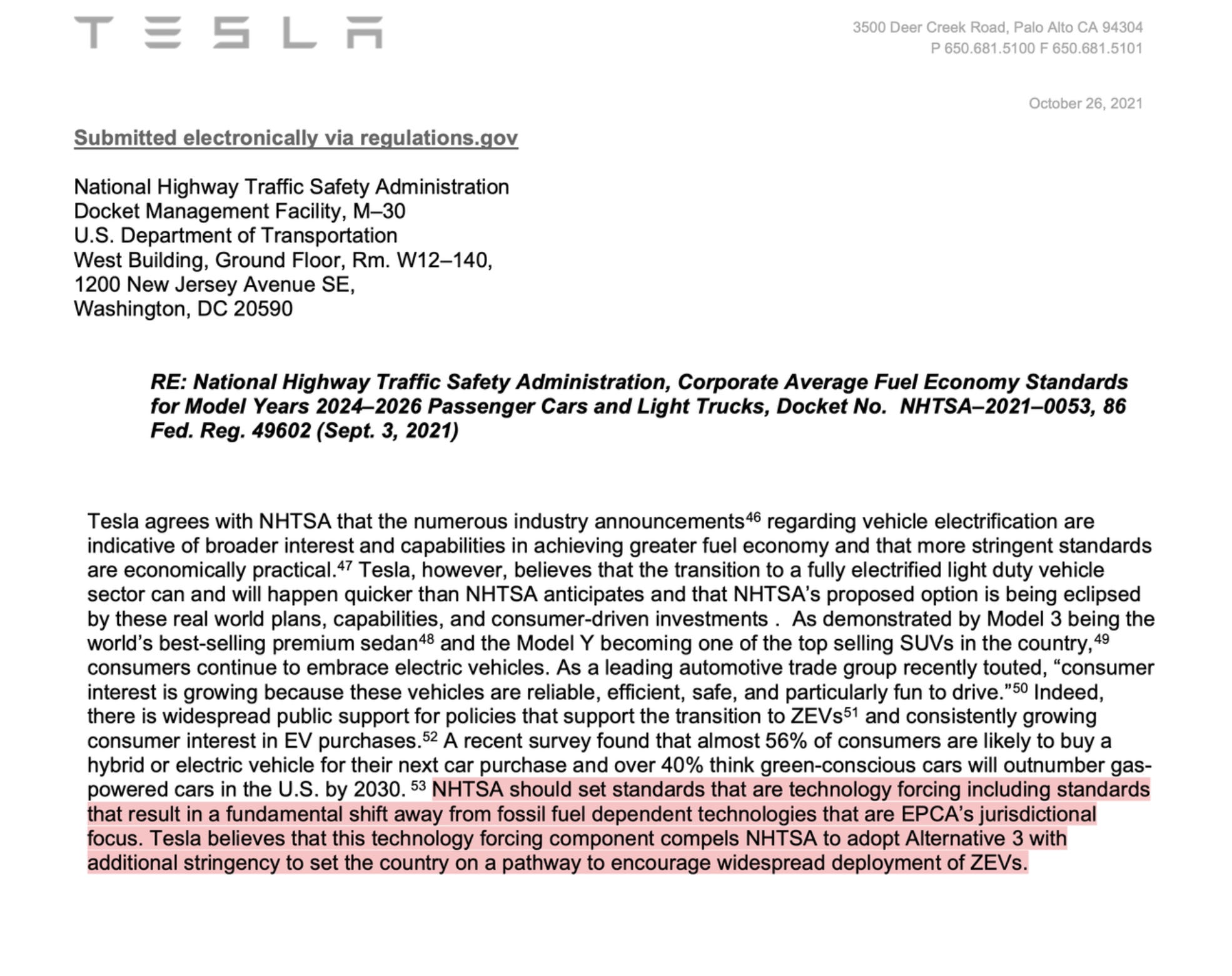 Tesla – NHTSA should promote a shift away from ICE